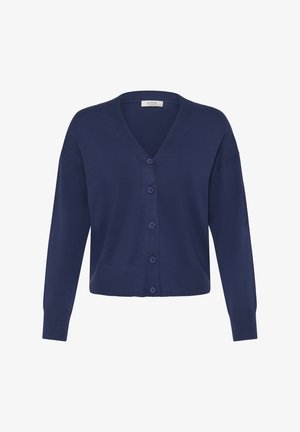 Cardigan blu marino realizzato in morbido tessuto a maglia, con scollo a V, maniche lunghe e chiusura frontale con sei bottoni. Texture liscia.