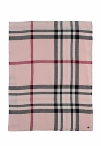 Sciarpa a scacchi rosa con strisce alternate in rosso, grigio e nero. Tessuto morbido con una texture liscia. Angolo arrotondato con dettaglio del logo.