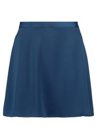 Una gonna blu navy realizzata in tessuto liscio, caratterizzata da un design svasato e una vita in raso. L'orlo è dritto e termina sopra il ginocchio.