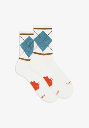 Coppia di calzini bianchi con motivo argyle blu, strisce marroni vicino alla parte superiore e un grafico di rinoceronte arancione nell'area del piede.