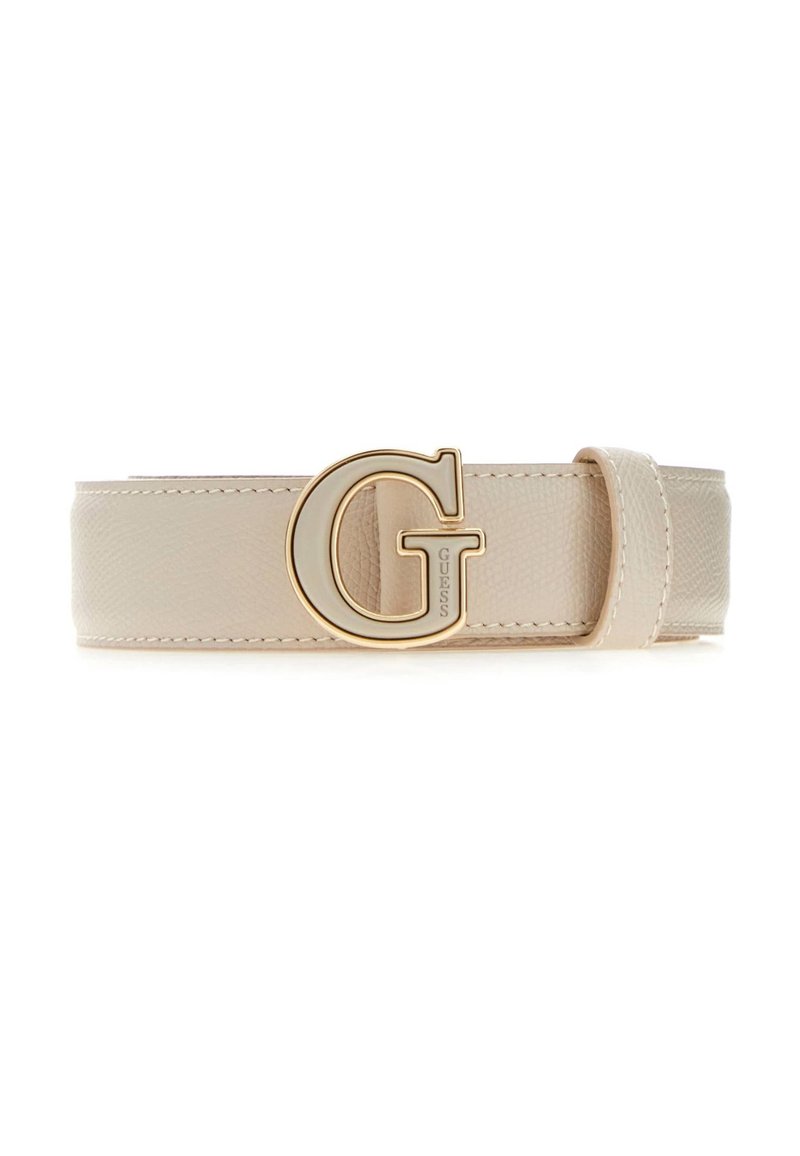 Ceinture en cuir beige avec une finition texturée, dotée d'une boucle à logo G dorée et d'une boucle pour ajustement. Design simple et élégant.