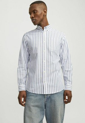 Button-up-Hemd mit vertikalen blau-weißen Streifen, aus leichtem Stoff, mit Kragen und einer Brusttasche.