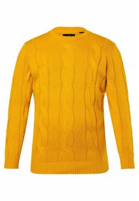 Světlý žlutý svetr s pleteným vzorem, dlouhými rukávy a žebrovaným límcem, manžetami a lemem, vystavený na bílém pozadí.