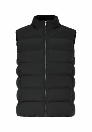 Czarna kamizelka puchowa bez rękawów z wysokim kołnierzem, z zamkiem z przodu i bocznymi kieszeniami, wykonana z pikowanego, wypełnionego materiału.