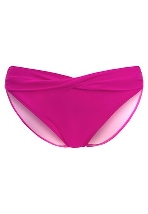 Fuchsia bikini onderstuk met een gedraaide voorkant, zachte stof, gematigde bedekking en een zachte binnenvoering.