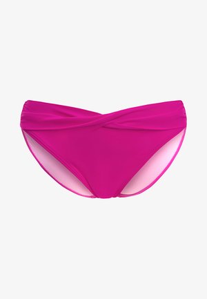 Parte inferior de bikini fucsia con un diseño de frente retorcido, tela suave, cobertura moderada y forro interior suave.