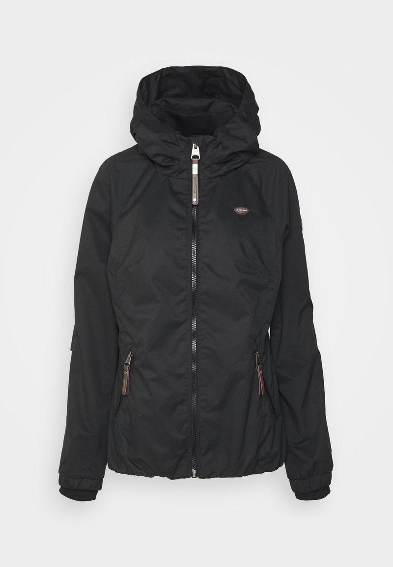 Veste noire à capuche avec fermeture éclair à l'avant et deux poches zippées, avec des poignets élastiques et un petit logo sur la poitrine.