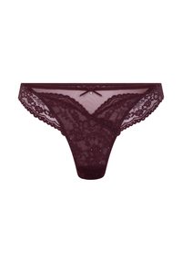 Bordeaux kanten stringonderbroek met bloemmotieven, gegolfde randen en een klein strikje aan de voorkant met een juweelaccent.