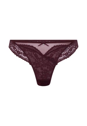 Burgunderfarbene Spitzen-Tanga-Unterwäsche mit Blumenmustern, gewellten Kanten und einer kleinen vorderen Schleife mit einem Schmuckakzent.