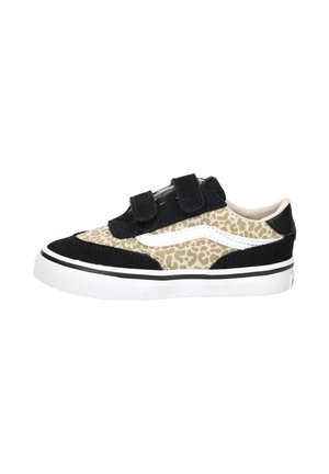 Child's low-top sneaker with beige leopard print, black suede accents, white side stripe, double black Velcro straps, and white rubber sole.