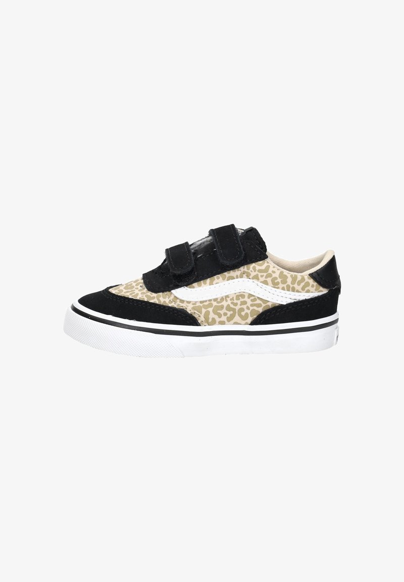 Child's low-top sneaker with beige leopard print, black suede accents, white side stripe, double black Velcro straps, and white rubber sole.