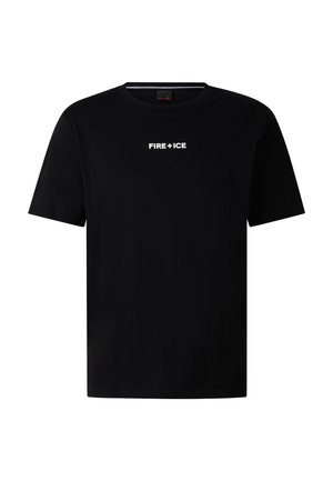 Schwarzes T-Shirt mit kurzen Ärmeln und Rundhalsausschnitt, auf der Brust mittig weißer Schriftzug "FIRE + ICE".