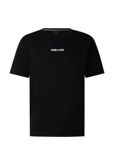 T-shirt noir à manches courtes avec col rond, texte blanc "FIRE + ICE" centré sur la poitrine.
