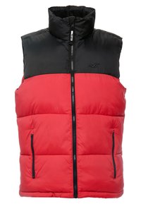 Rote und schwarze Steppweste mit hohem Kragen, frontaler Reißverschluss, zwei seitlichen Reißverschlusstaschen und einem Logo auf der Brust. Strukturiertes gestepptes Muster.