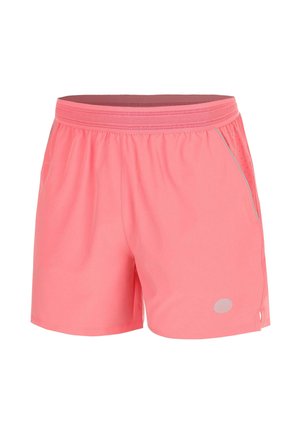 Pantaloncini sportivi rosa corallo con vita elastica, tasche laterali, pannelli di ventilazione in rete e piccolo logo riflettente vicino all'orlo inferiore.