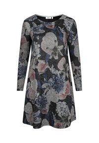 Schwarzes, blumiges langärmliges Kleid aus strukturiertem Stoff mit blauen, rosa und weißen Blumen auf dunklem Hintergrund. Rundhalsausschnitt.