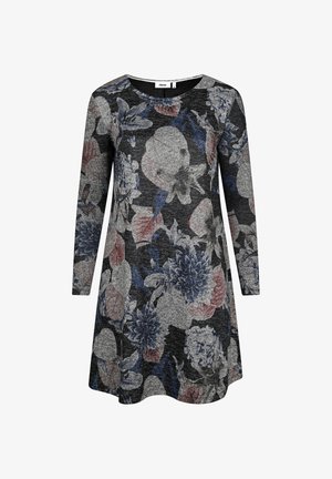 Schwarzes, blumiges langärmliges Kleid aus strukturiertem Stoff mit blauen, rosa und weißen Blumen auf dunklem Hintergrund. Rundhalsausschnitt.