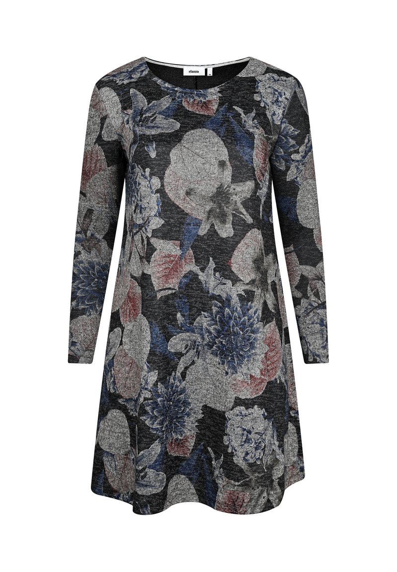 Schwarzes, blumiges langärmliges Kleid aus strukturiertem Stoff mit blauen, rosa und weißen Blumen auf dunklem Hintergrund. Rundhalsausschnitt.