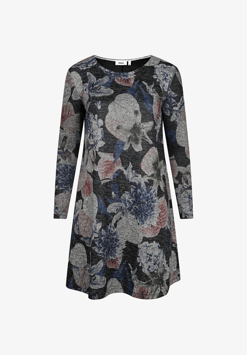 Schwarzes, blumiges langärmliges Kleid aus strukturiertem Stoff mit blauen, rosa und weißen Blumen auf dunklem Hintergrund. Rundhalsausschnitt.