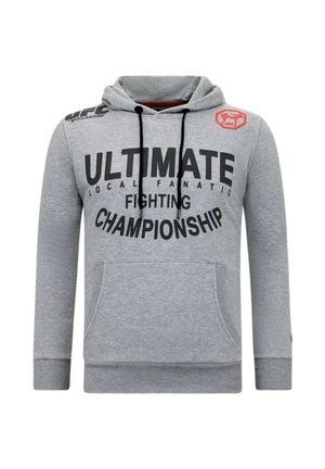 Grijze hoodie met zwarte trekkoorden, voorzak en zwarte tekst "Ultimate Fighting Championship" op de voorkant.