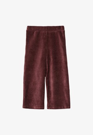 Culottes en velours côtelé bordeaux profond, avec des nervures verticales, une taille élastique et une coupe large. Texture douce, longueur au genou.