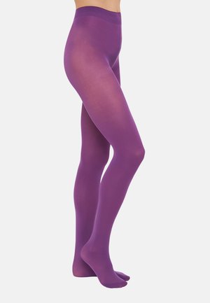Lilla uigennemsigtige tights med en glat overflade og elastisk talje, designet til at sidde tæt. Gennemsigtig finish ved fødderne.