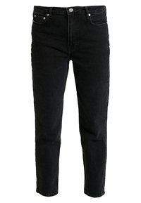 Jean en denim noir avec une coupe droite, cinq poches et une fermeture à bouton, présentant des détails minimaux et une texture lisse.