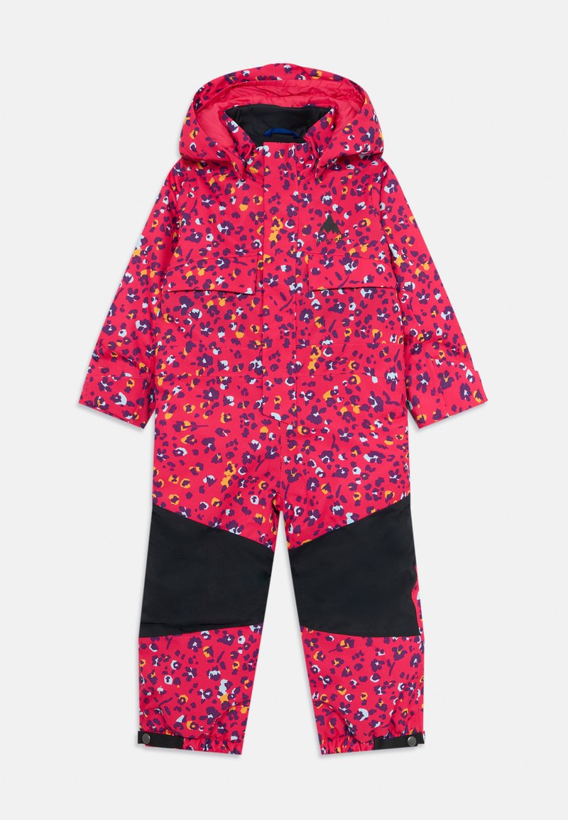 Tuta invernale impermeabile per bambini, a pezzo unico con cappuccio, rosa con stampa leopardata multicolore, toppe nere sulle ginocchia e tasche frontali a pattina.