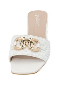 White mule sandal with a woven upper, golden chain accent, flat sole, and a smooth interior lining. Suitable for casual wear.