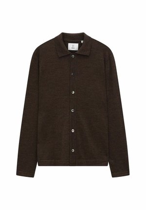Mørkebrun cardigan lavet af blød uld, med krave, fuld knaplukning, lange ærmer og lige kant.