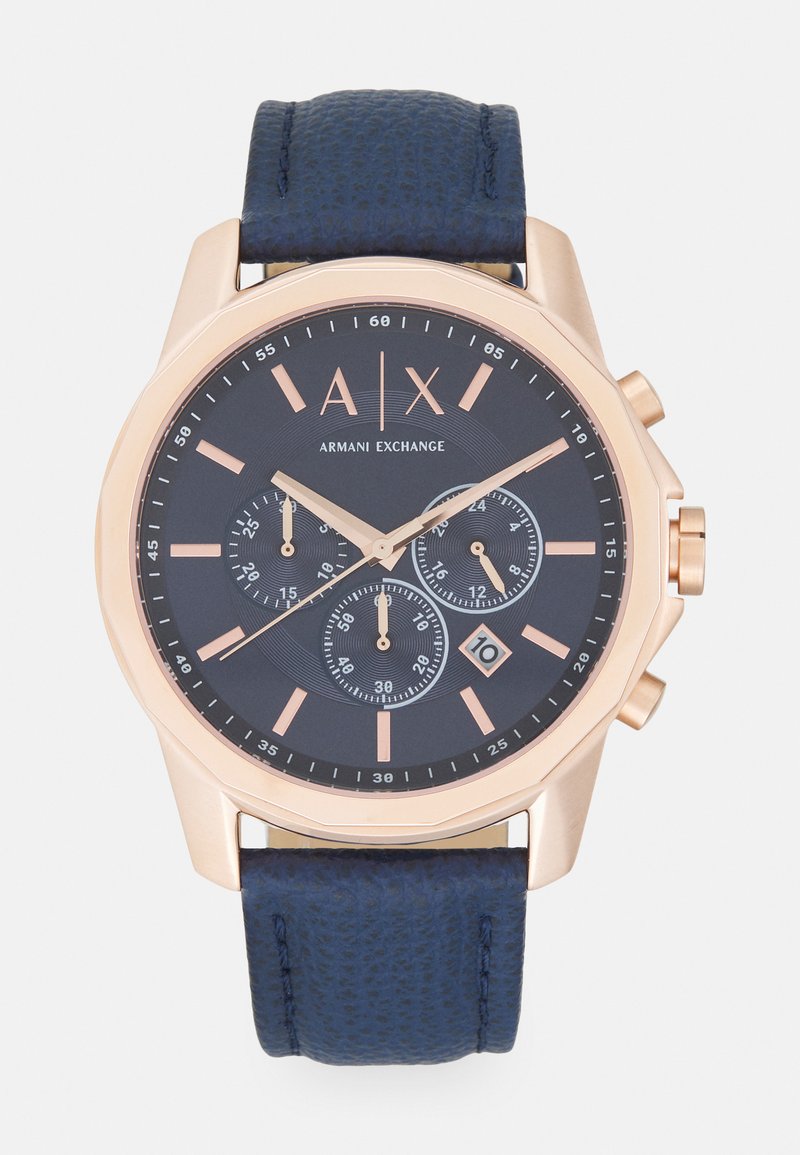 Orologio cronografo con cinturino in pelle blu navy, cassa in acciaio inossidabile rosa oro, quadrante blu scuro e dettagli argentati. Presenta tre sottodial e visualizzazione della data.
