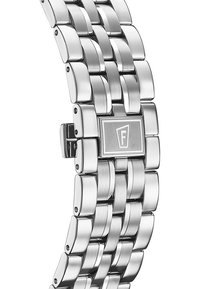 Bracelet de montre en acier inoxydable argenté avec une série de maillons polis et brossés, doté d'un fermoir rectangulaire avec un logo.