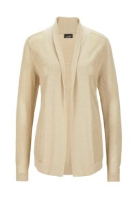 Beige gestrickte Strickjacke mit offener Vorderseite, ergänzt durch ein Netzdesign an den Ärmeln und Seiten, langen Ärmeln und geradem Saum.