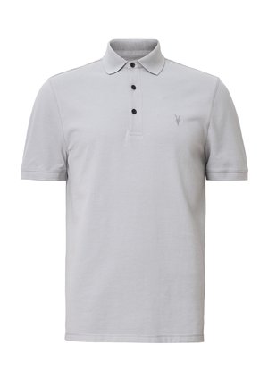 Grey polo shirt made of soft cotton, featuring a collar, four black buttons, and a subtle logo on the left side. Short sleeves and straight hem.