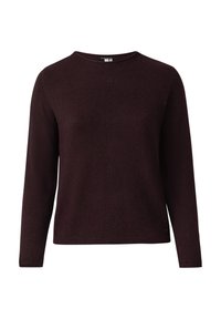 Donkerbruin gebreid sweater met lange mouwen, ronde halslijn en geribde manchetten en zoom, weergegeven op een witte achtergrond.