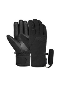 Zwarte handschoenen gemaakt van leer en synthetisch materiaal, met een textuur oppervlak, elastische manchetten en een veilige strap voor bevestiging.