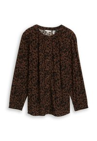 Brown long-sleeve button-up blouse with black leopard spots, round neckline, and slight pleats below the collar.