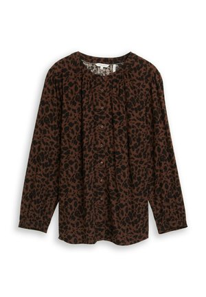 Braune Longsleeve-Bluse mit Knopfleiste, schwarzen Leopardenflecken, runder Ausschnitt und leichten Falten unter dem Kragen.