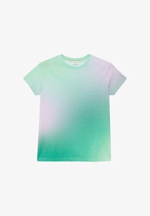 Majica kratkih rukava s okruglim izrezom i gradijentnim uzorkom koji se stapaju svijetlozelena, metvica i nježno ljubičasta boja.