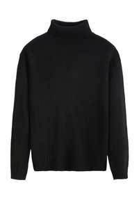 Pull à col roulé noir en tissu tricoté, avec un col et des poignets côtelés, une coupe carrée et décontractée, et une couleur unie sur l'ensemble.
