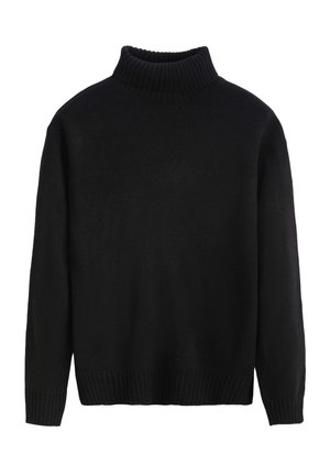 Pull à col roulé noir en tissu tricoté, avec un col et des poignets côtelés, une coupe carrée et décontractée, et une couleur unie sur l'ensemble.