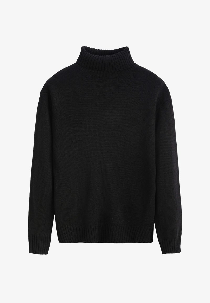 Pull à col roulé noir en tissu tricoté, avec un col et des poignets côtelés, une coupe carrée et décontractée, et une couleur unie sur l'ensemble.