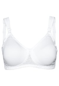 Soutien-gorge blanc avec des bonnets lisses à l'avant, une bordure en dentelle décorative sur les côtés, des bretelles ajustables et une fermeture à crochets à l'arrière.