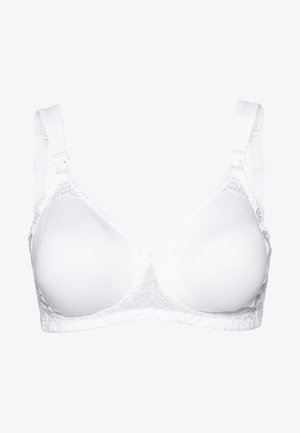 Λευκό σουτιέν με λεία μπροστινά cups, διακοσμητική δαντέλα στα πλαϊνά, ρυθμιζόμενες τιράντες και κούμπωμα με γάντζο και μάτι στην πλάτη.