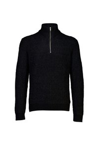 Maglione nero con zip al collo realizzato in tessuto a maglia testurizzato. Presenta polsini e orlo a costine. Design semplice con una leggera lucentezza.