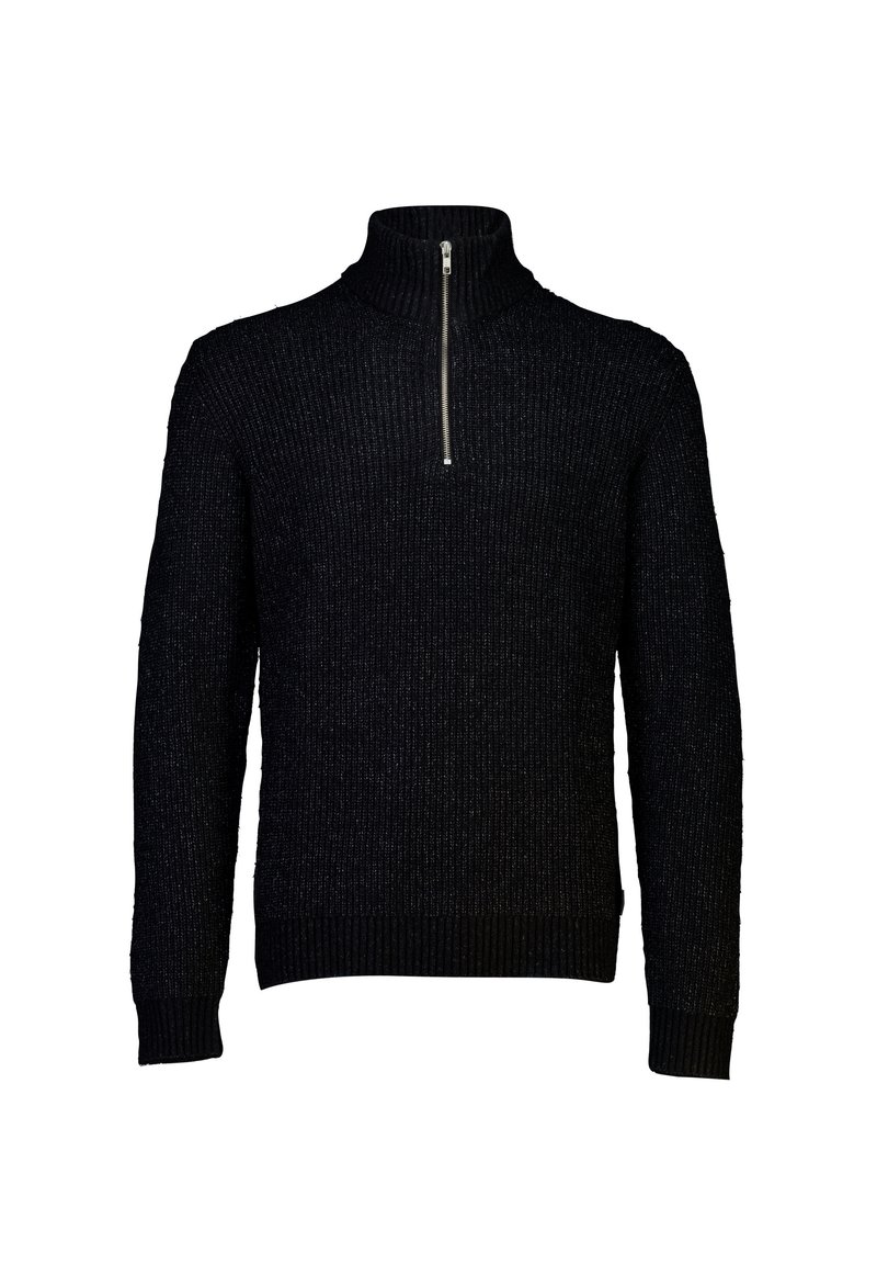 Maglione nero con zip al collo realizzato in tessuto a maglia testurizzato. Presenta polsini e orlo a costine. Design semplice con una leggera lucentezza.
