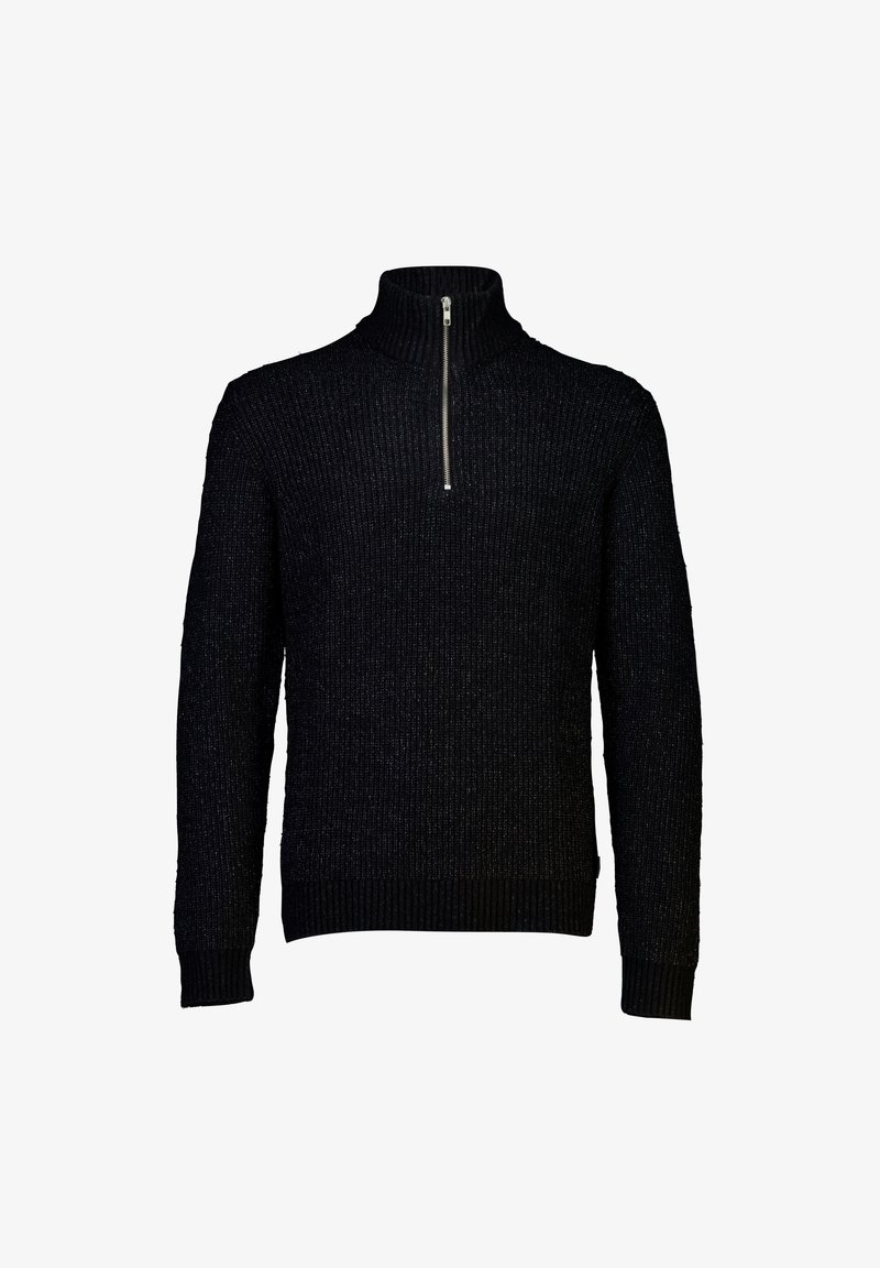 Schwarzer Reißverschluss-Pullover aus strukturiertem Strickstoff. Mit gerippten Bündchen und Saum. Einfaches Design mit einem dezenten Glanz.