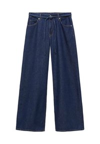 Wijde, donkerblauwe denim broeken met een trekkoord in de taille. Voorzien van voor- en achterzakken, gestikte naden en een soepele textuur.