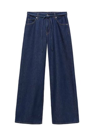 Pantalons en denim bleu foncé à jambe large avec une taille à cordon. Comprend des poches avant et arrière, des coutures cousues et une texture lisse.