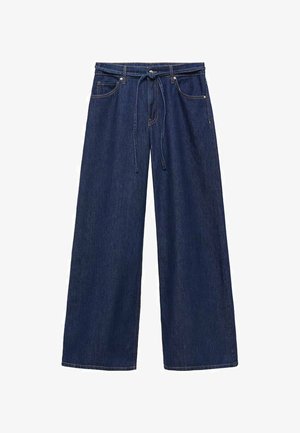 Weite, dunkelblaue Denim-Hosen mit einem Kordelzugbund. Mit Front- und Gesäßtaschen, genähten Nähten und einer glatten Textur.